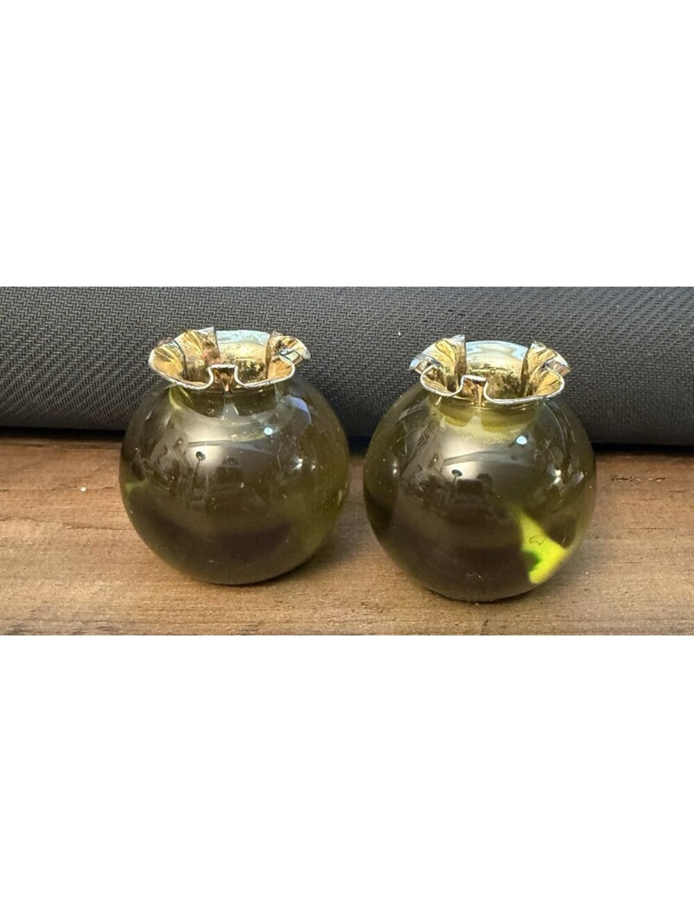 Pair Lucite Candlestick Holder Acrylic Green Gold Inserts Green Balls